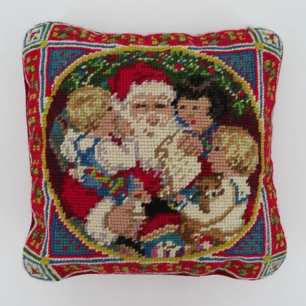 Santa Claus Children Christmas Red Velvet Needlepoint Throw Pillow Xmas Holiday